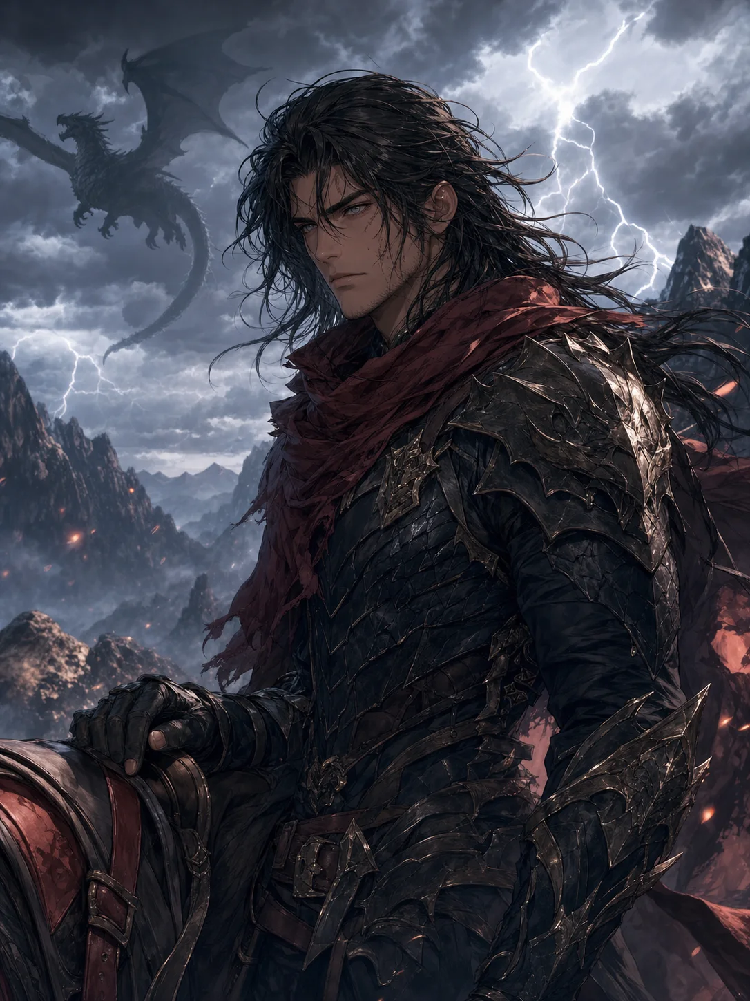 Illustrated fantasy character in a dramatic scene