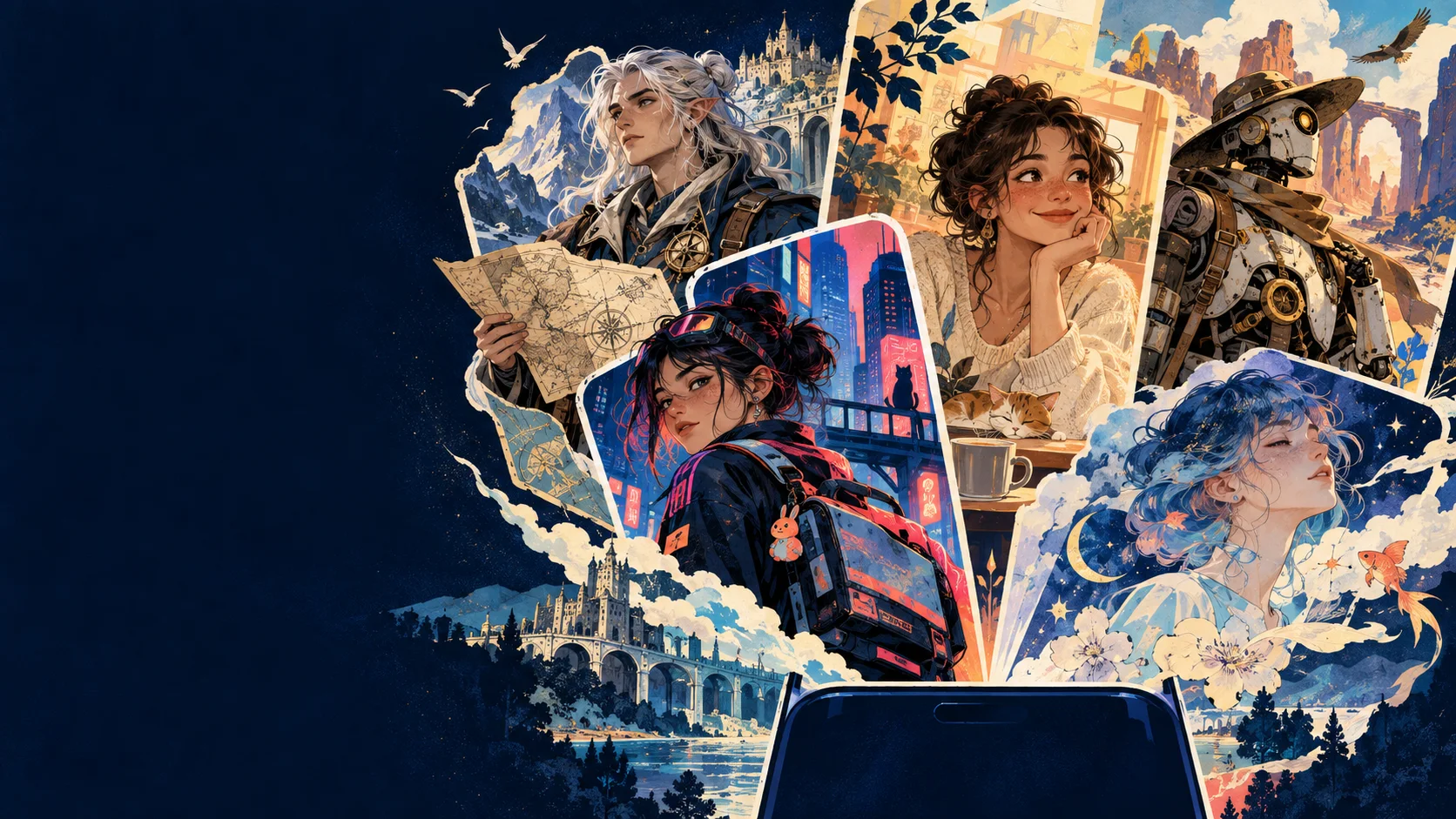 Illustrated original characters from fantasy, city, companion, and adventure stories